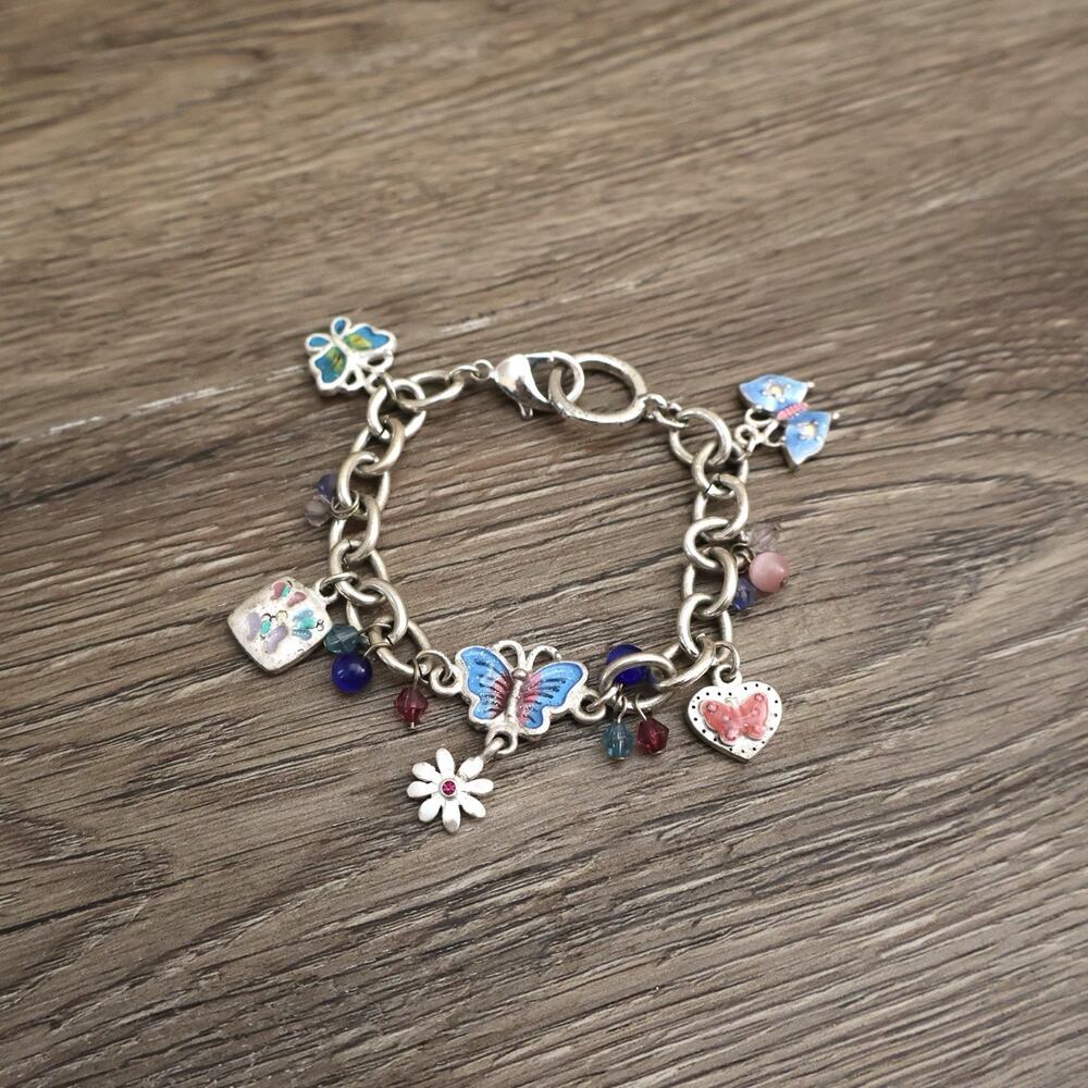 Vintage AJMC Butterfly Flower Silver Tone Charm Bracelet 90s y2k Fem Nostalgia